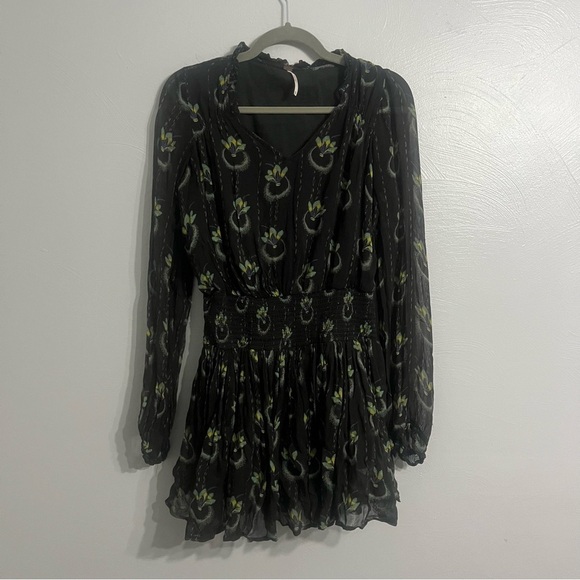 Free People Wild Horses Peacock Print Mini Dress | Boho | Black | Size XS - Picture 6 of 11